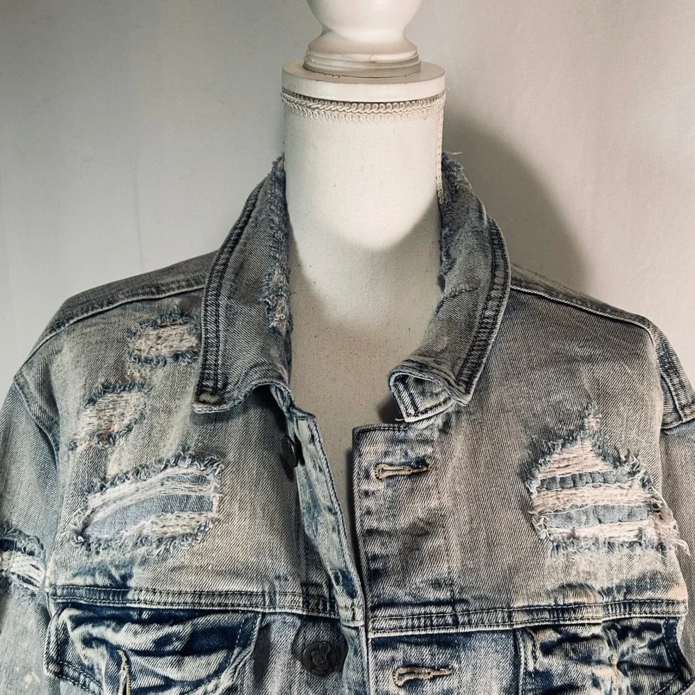 Grindhouse Denim Mens‎ Large Light Wash Distressed Ripped Jean Trucker Jacket